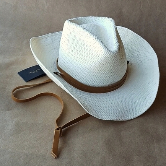 NWT Rag & Bone O'Hara Straw Cowboy Adjustable Hat Cream Tan Leather sz Small - Picture 1 of 4
